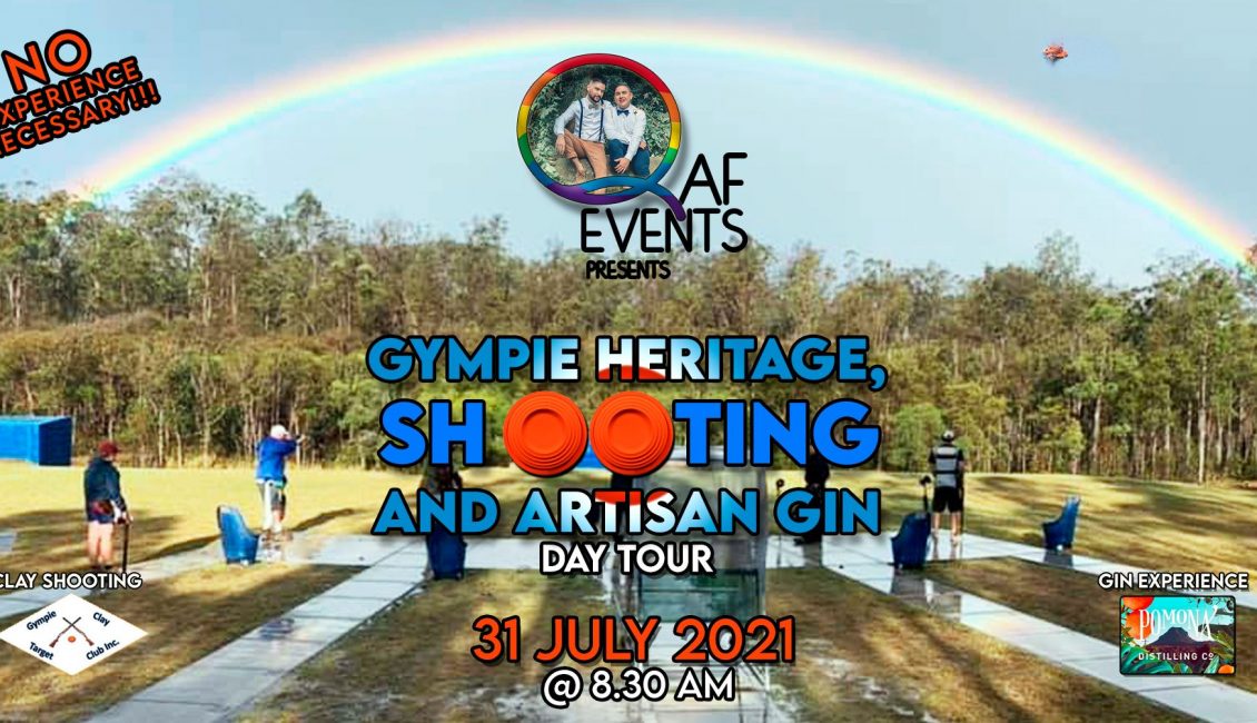 A flyer for a gay heritage shooting and art asian gin event in Brisbane.