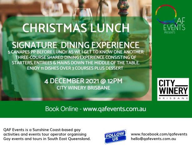 A flyer for a Christmas lunch featuring QAF Tours and Events, showcasing local gay pride events.