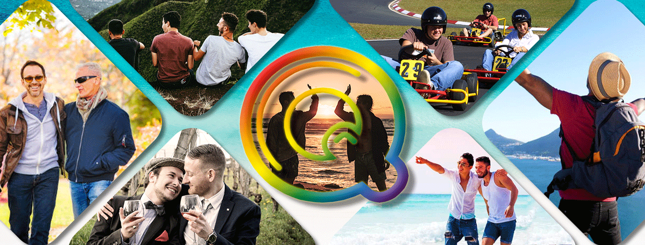 A collage of photos showcasing people in different places, including gay events and the scenic Sunshine Coast.